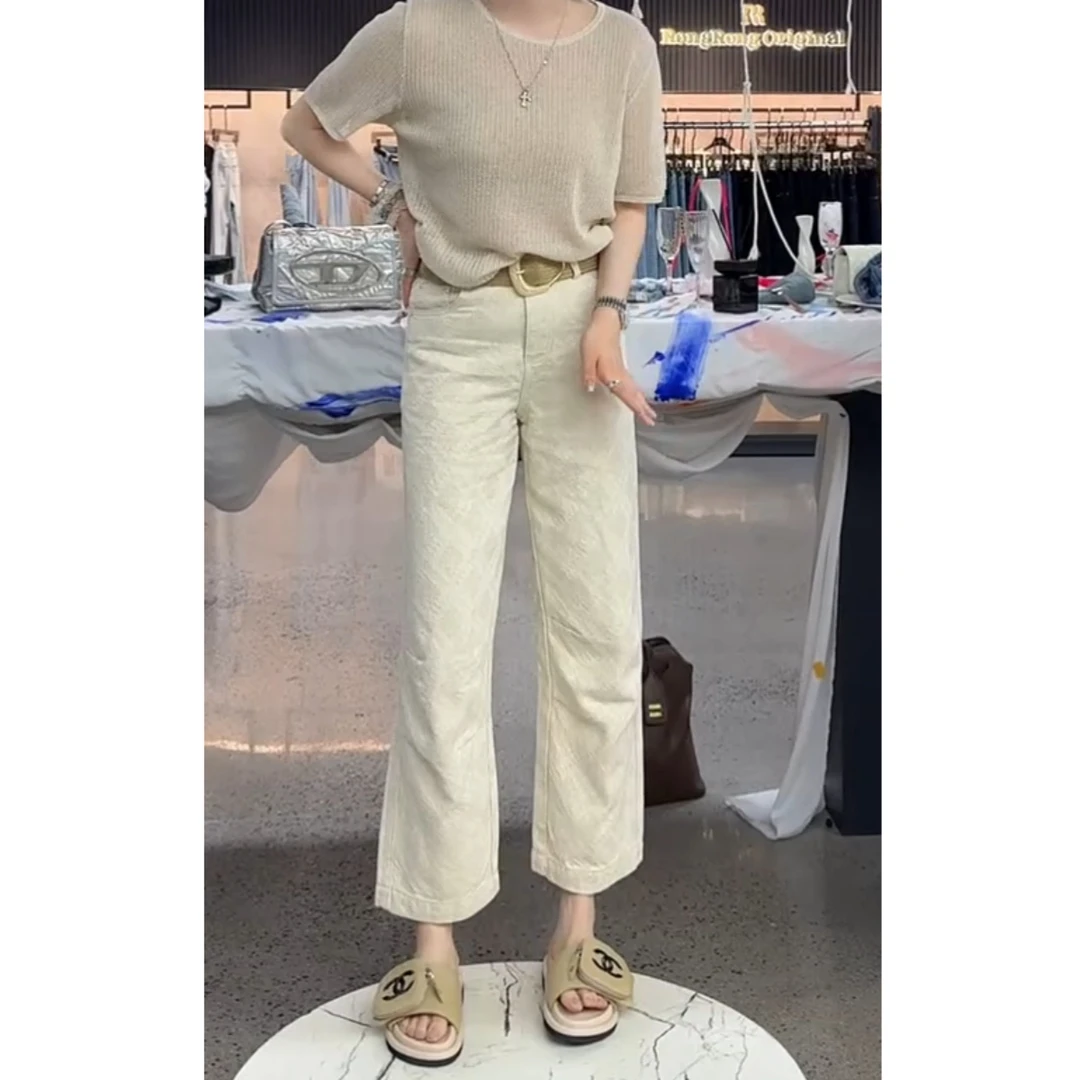 夏季新款高腰显瘦大码阔腿高腰显瘦百搭休闲麻感提花奶奶裤