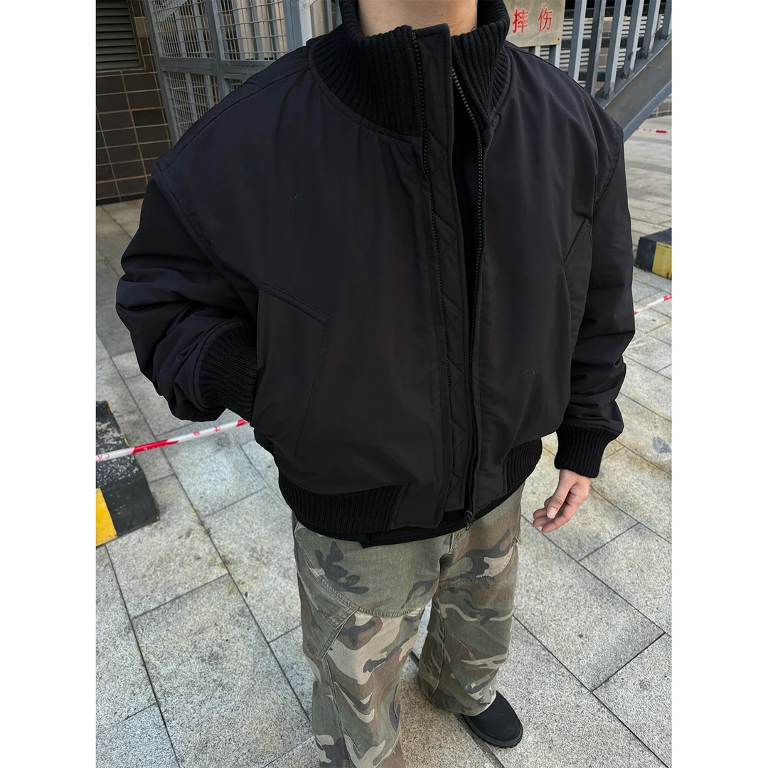 T751美式短款宽松cleanfit黑色立领棉服外套冬季加厚款保暖棉衣男