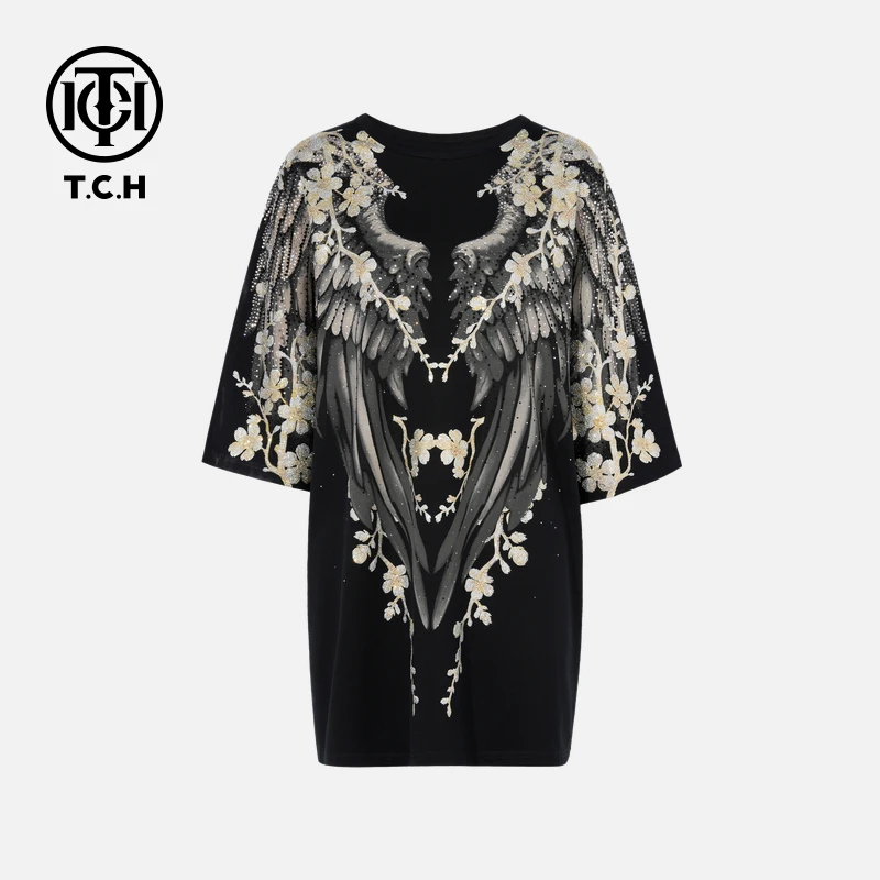 TCH轻奢高定翅膀花卉烫钻高级黑色长款连衣裙T75B306015私服tch
