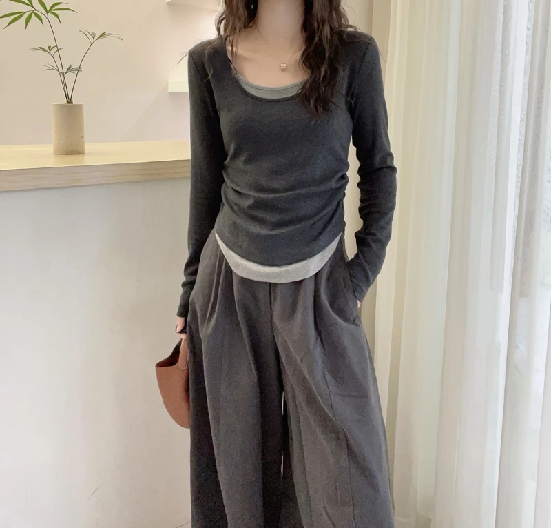 优质版秋冬穿搭新款撞色长袖假两件T恤女内搭正肩显瘦上衣打底衫