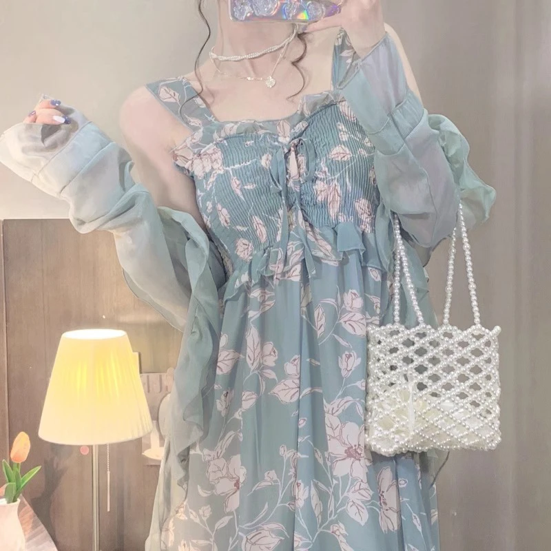 夏季胖mm套装法式裙子度假气质防晒开衫吊带裙遮肉显瘦女装套装