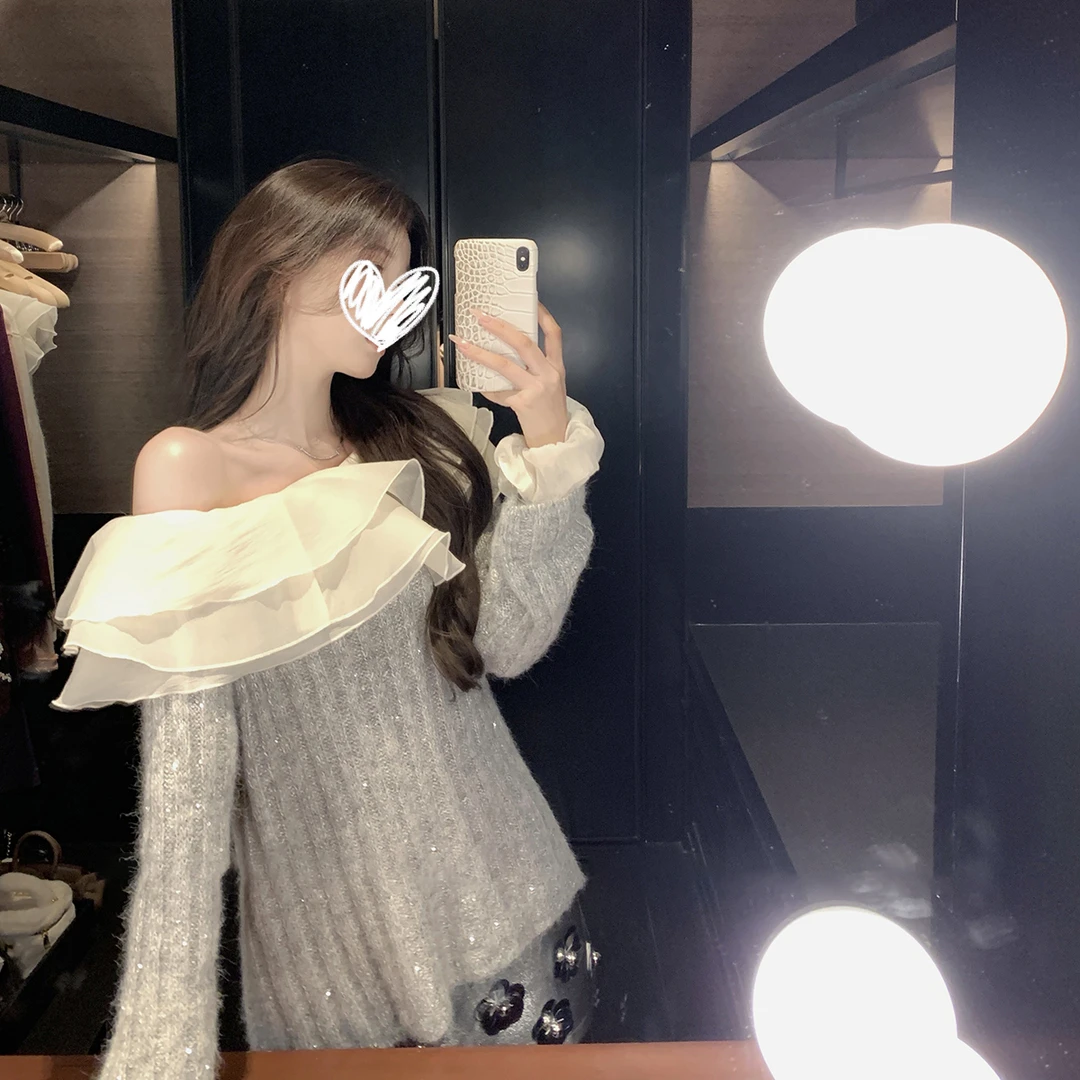 "秋日织物"千金风露肩荷叶边长袖针织毛衣女韩系秋装穿搭修身上衣