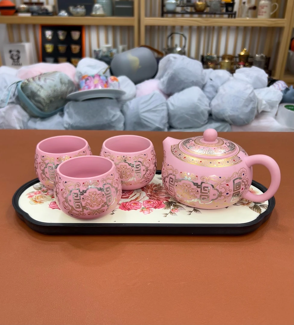 粉泥吉祥如意西施壶（配3杯＋茶盘）@@ZH2837