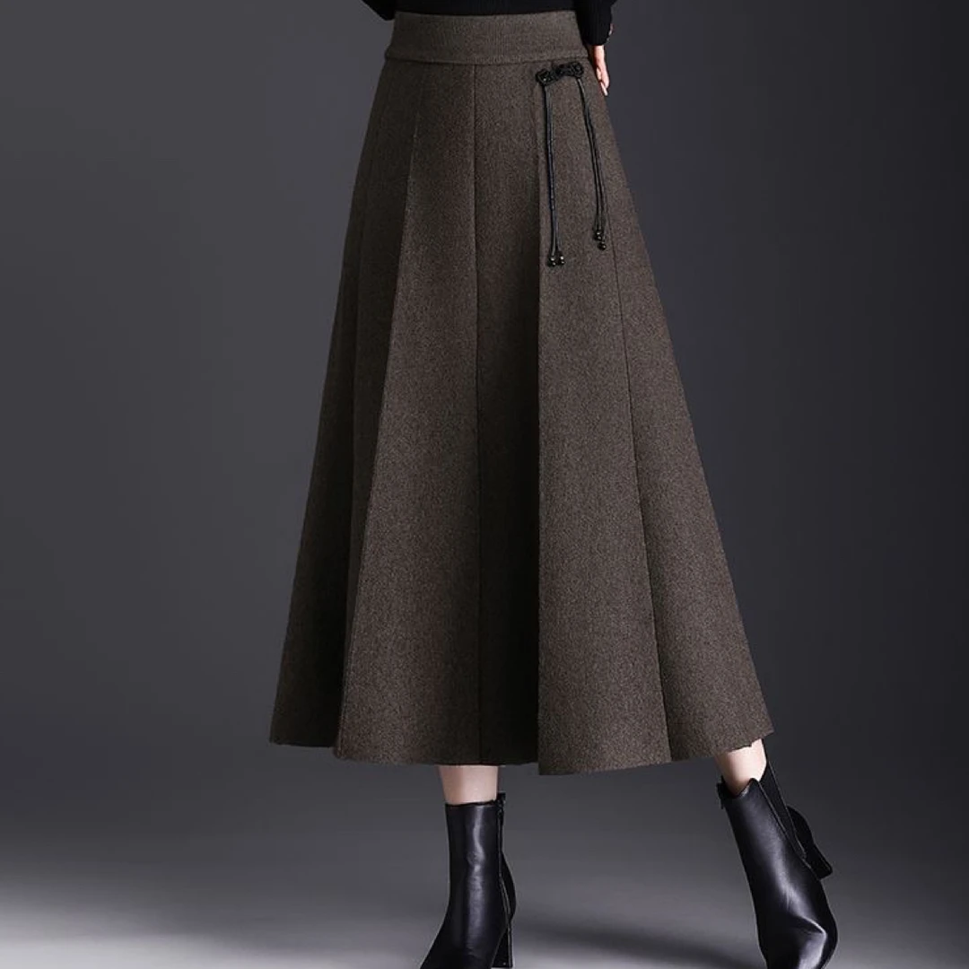 中式盘扣高腰显瘦中长A字大摆女士秋冬半身裙中长款松紧腰气质
