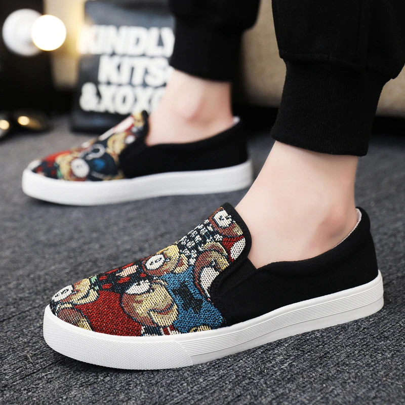 帆布鞋男一脚蹬懒人潮鞋板鞋春秋季透气豆豆鞋休闲鞋印花乐福鞋