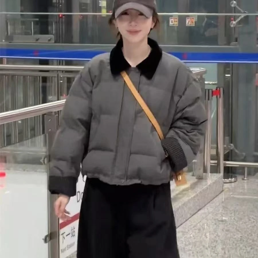 韩版翻领拼接撞色棉服女2025秋冬新款短款宽松时尚百搭保暖外套潮