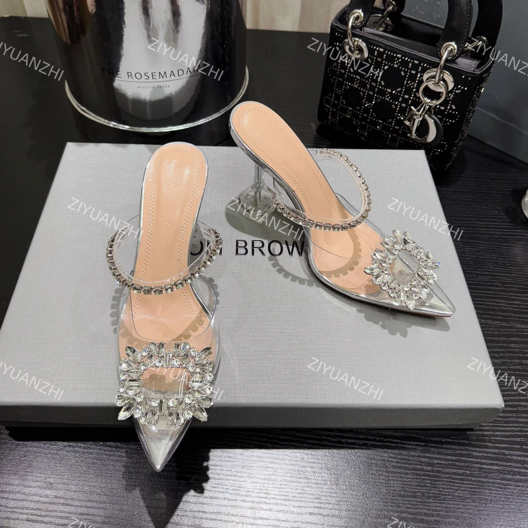 【柒七匠心】方扣链条钻水钻高跟鞋透明仙女风尖头水晶凉鞋银色婚鞋