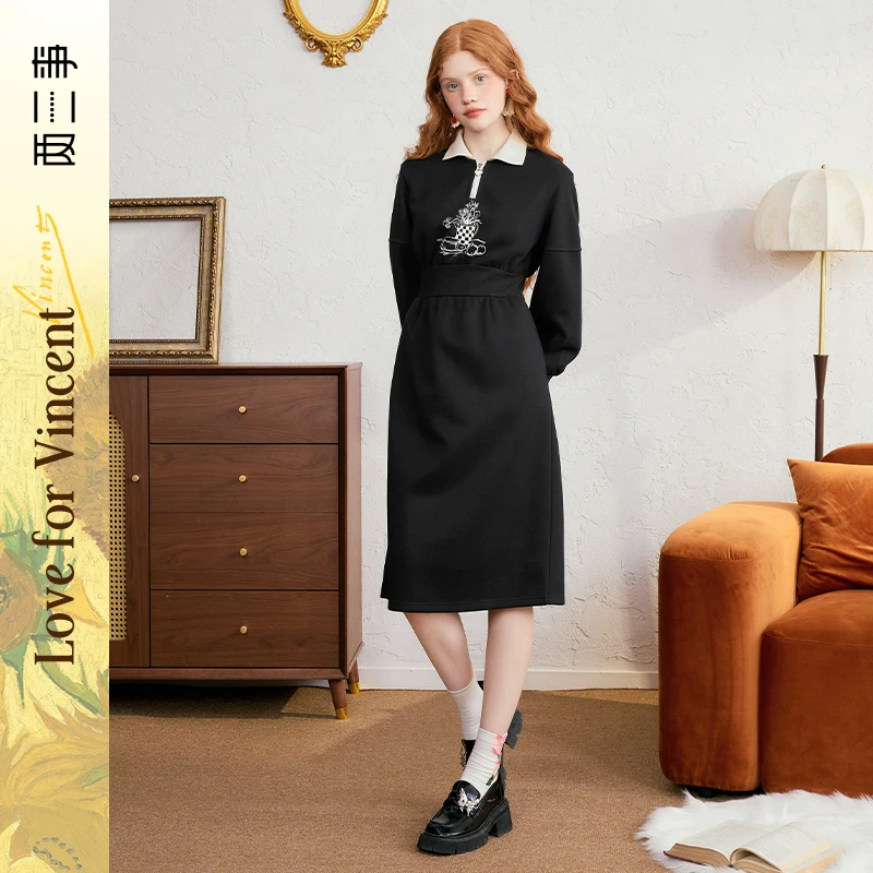 两三事梵高文艺 独葵暗香 休闲拼色印花连衣裙S24DLY120