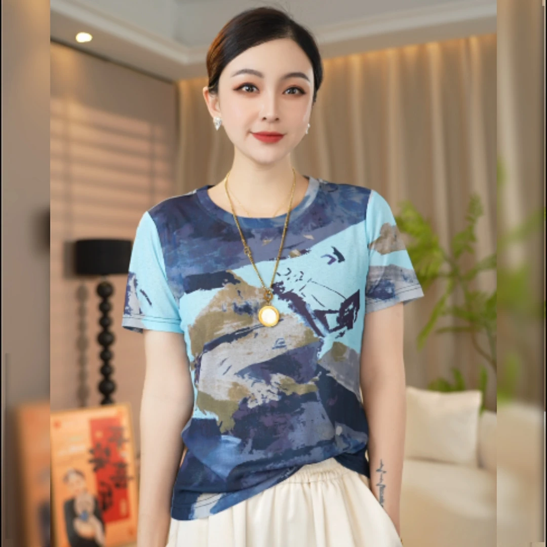雾蓝 夏季新款高级感气质显瘦百搭薄款圆领女士宽松时尚网纱上衣