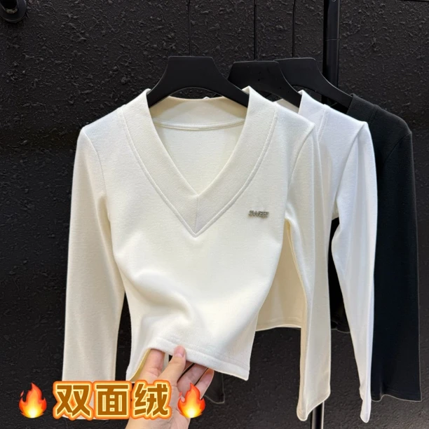 V领钻露锁骨短款打底衫女冬季韩版修身显瘦加绒长袖T恤上衣8353#