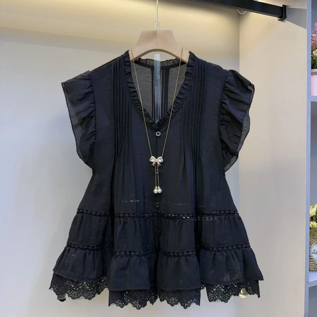 2025欧货新款木耳边拼蕾丝高级感减龄洋气韩版女人衫