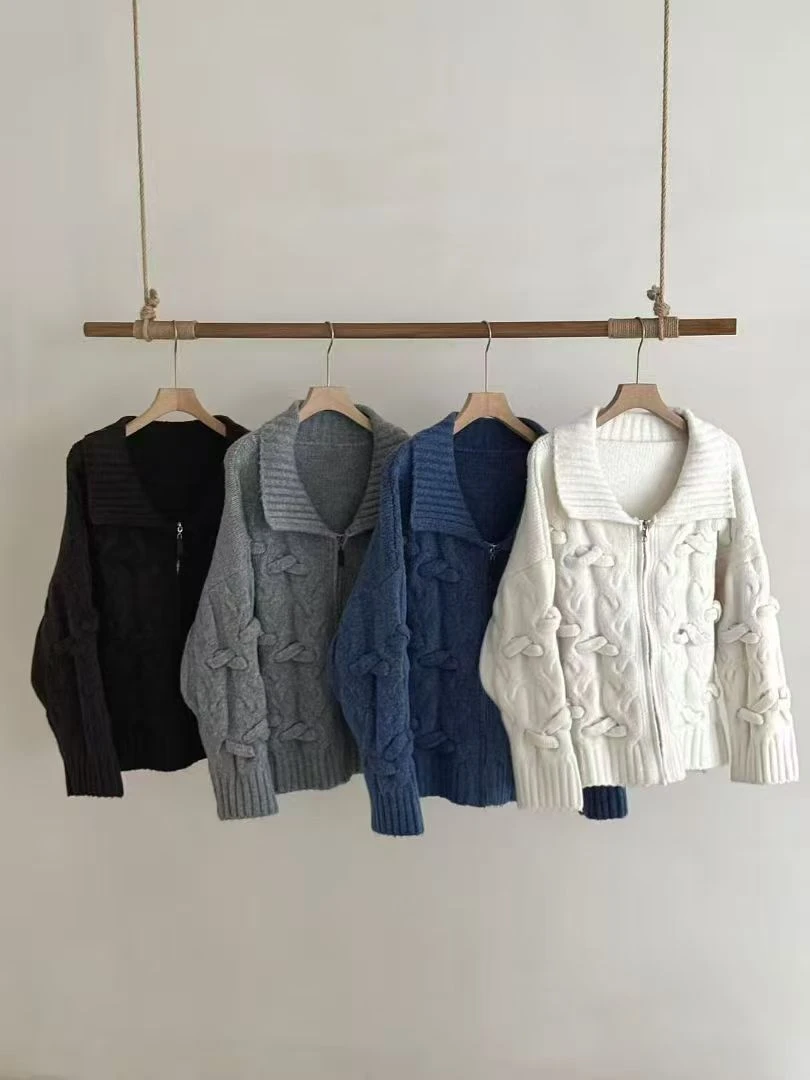 25秋冬新款BC浮雕立体手工扭绳羊绒羊毛针织毛衣翻领开衫外套