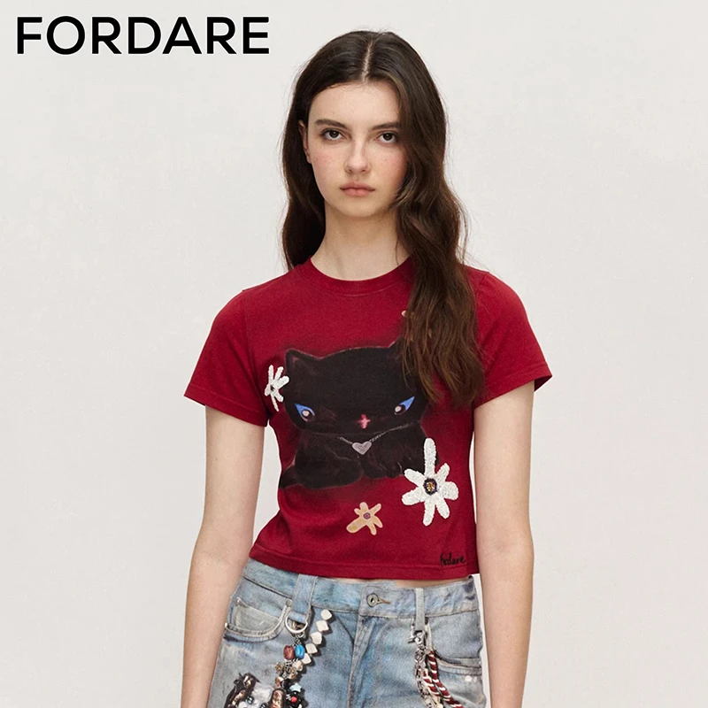 FORDARE福蝶25春夏新品女趣味手绘雏菊小黑猫短T修身