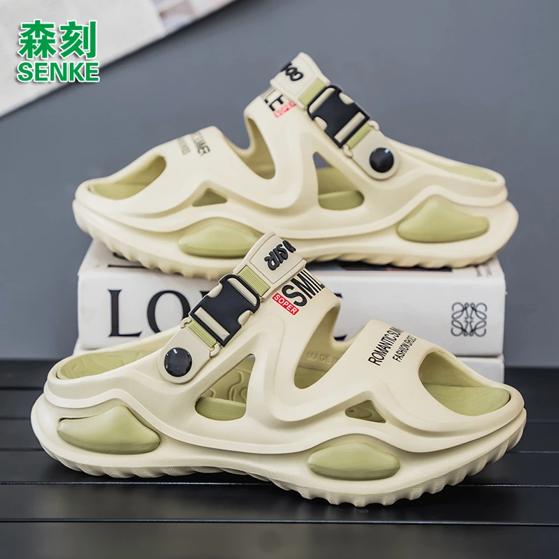 森刻潮拖春季新款时尚男士休闲凉拖软底软面防滑耐磨两穿镂空拖鞋