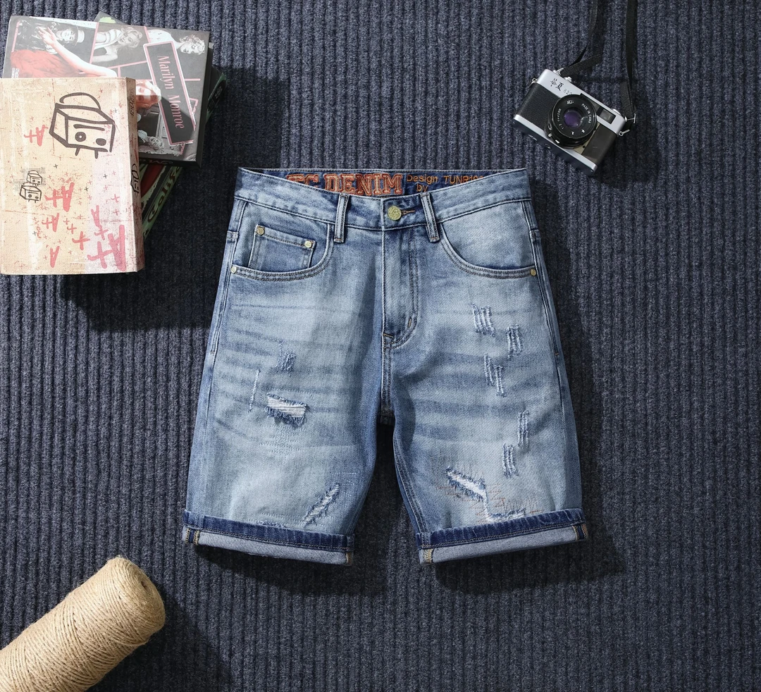 夏季薄款男士牛仔短裤时尚潮流破洞五分裤百搭潮牌直筒透气中裤