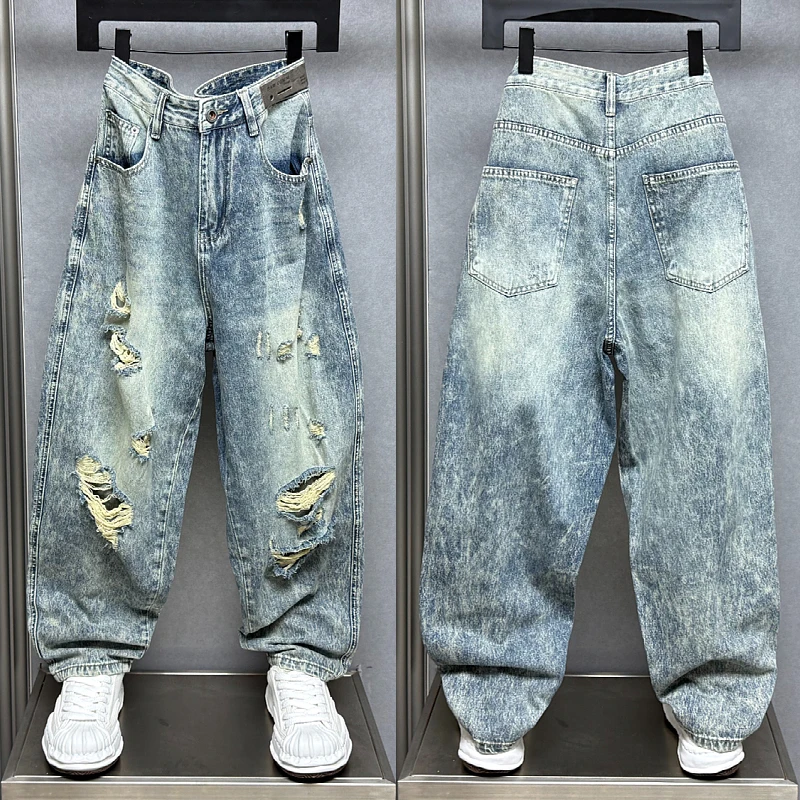 夏季新款潮牌破洞怀旧蓝牛仔裤男复古乞丐老爹裤美式宽松阔腿长裤