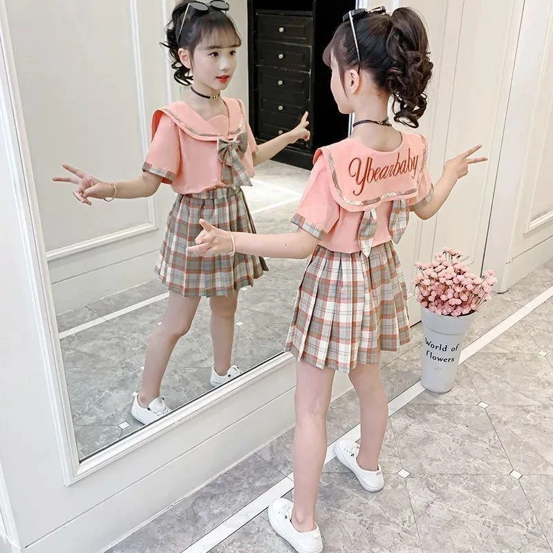 学院风女童夏季套装2024新款中大童jk制服短袖上衣百褶裙子两件套