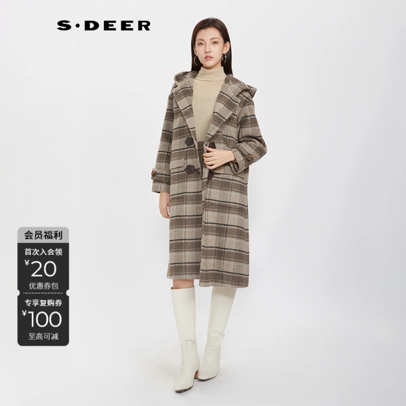 S·DEER圣迪奥冬季时尚气质百搭千鸟格田园风大衣中长款毛呢外套
