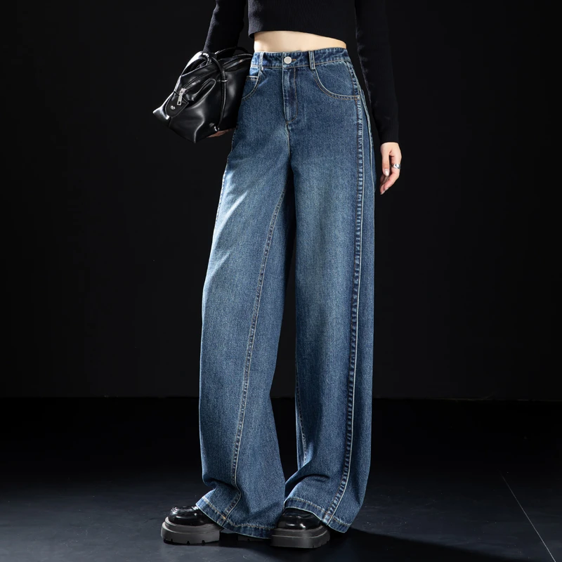 复古蓝解构高腰牛仔裤女2025春秋季新款显瘦长裤直筒遮肚阔腿裤子
