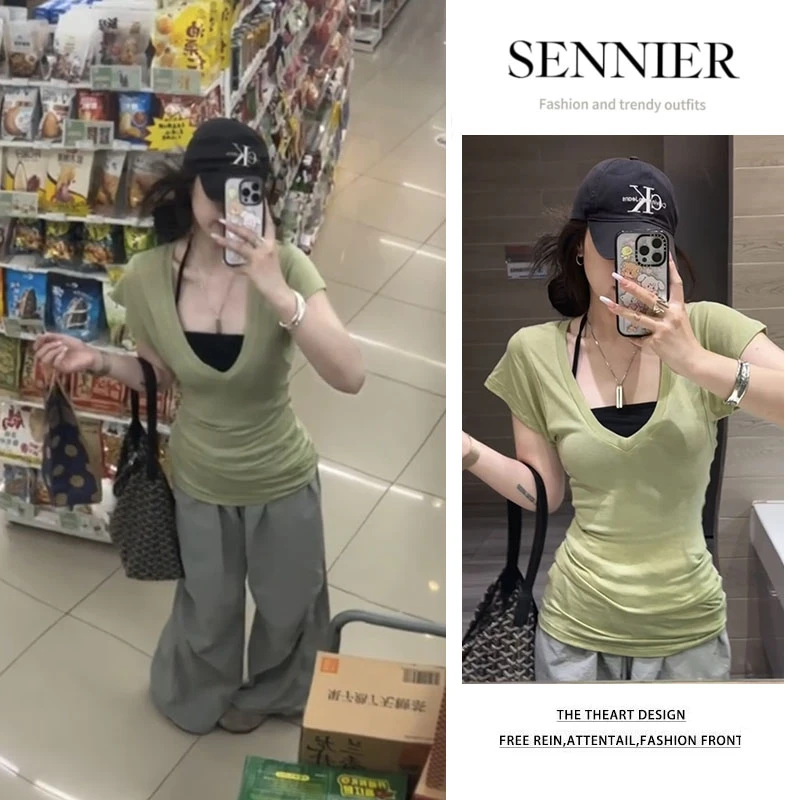 时尚穿搭女2025夏季新款百搭V领收腰修身短袖T恤显瘦阔腿裤两件套