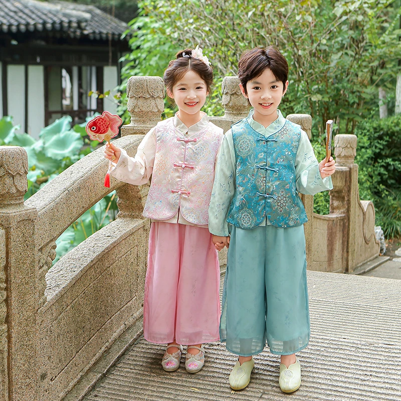 中秋儿童汉服男童国风新中式马甲套装宝宝唐装小女孩超仙古装春秋