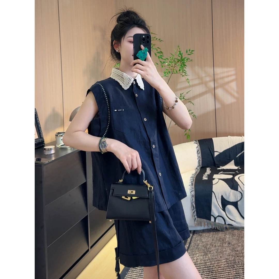 【全店运费补贴！】高品质夏季新款翻领马甲短袖亚麻套装25012