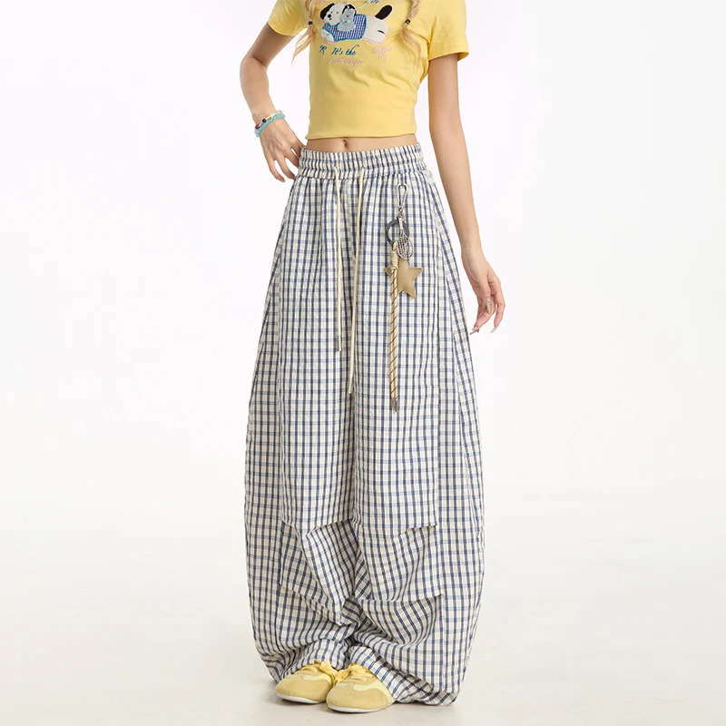慵懒感格子休闲弯刀裤男女夏季潮ins星星挂饰阔腿裤宽松情侣长裤
