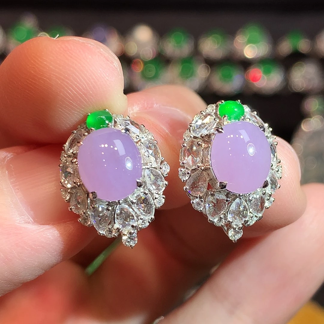 翡翠18K金镶嵌耳饰高冰粉紫蛋面耳包