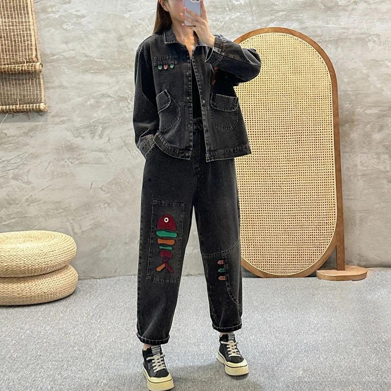 春秋新款韩版宽松外套显瘦复古牛仔套装洋气时尚休闲秋季Y8839