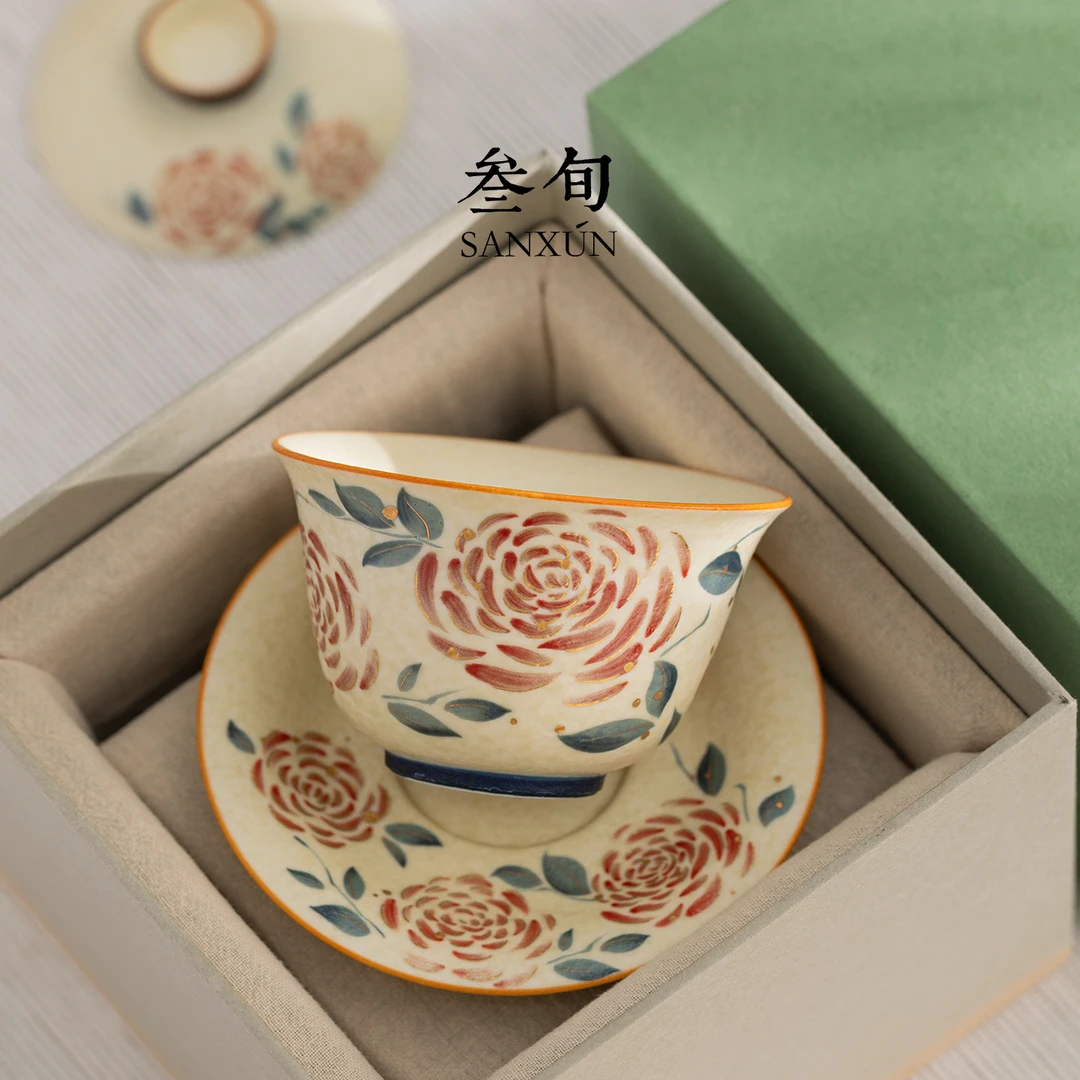 叁旬花漾玫瑰三才盖碗茶杯单个高档带盖家用三件套功夫茶具泡茶碗