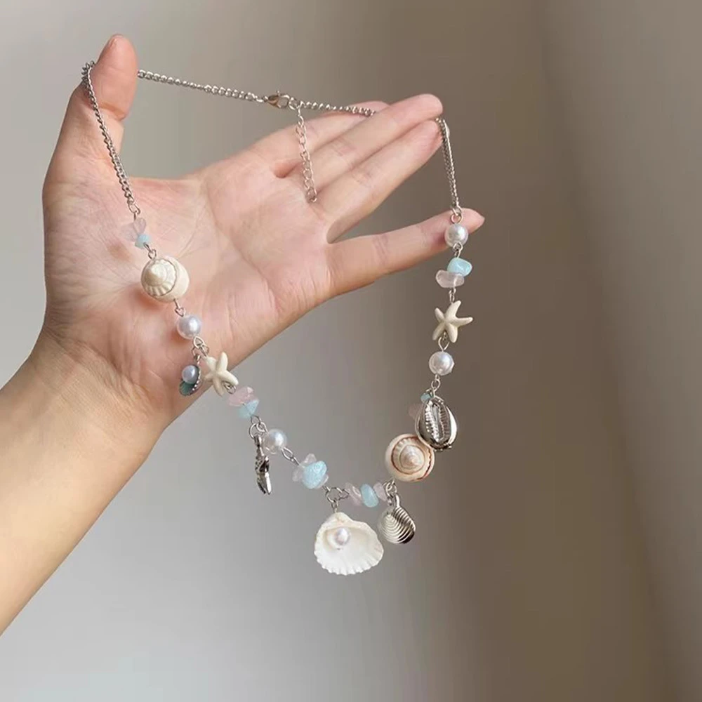 铜合金项链 度假风彩色贝壳海星串珠项链女夏日多巴胺锁骨链颈链