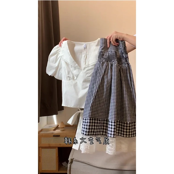 甜美文艺拼接蕾丝花边高腰A字格子半身裙2025夏季新款套装女