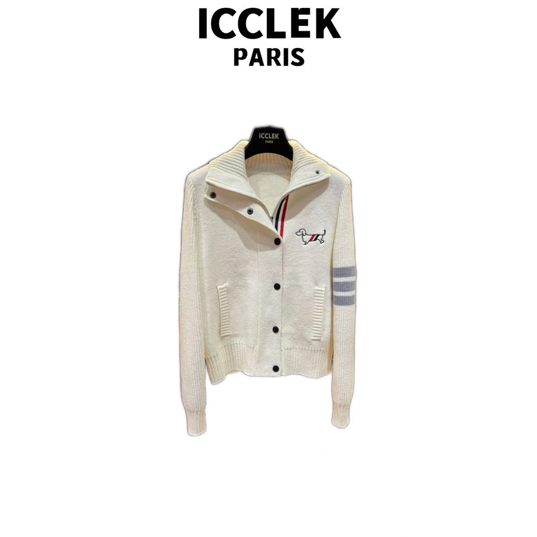 ICCLEK 设计师款白色翻领开襟小狗针织衫长袖开衫时尚名媛 - 9217