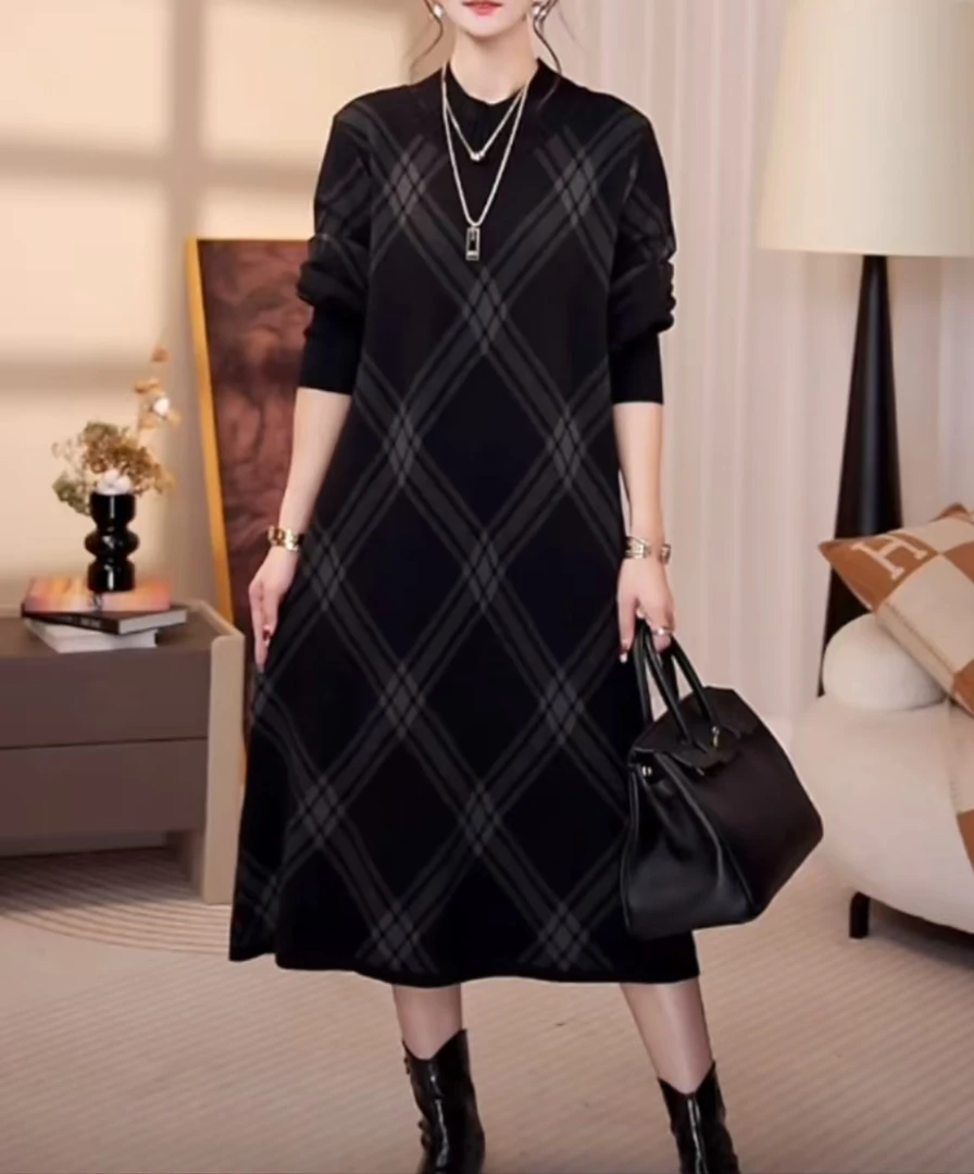 高端品质[巴黎夜]冬季时尚高档菱格妈妈毛衣显瘦连衣裙-6611#