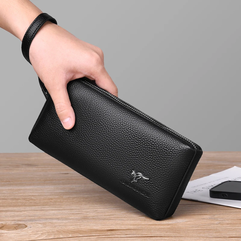 质感男士手拿包头层牛皮长款钱包横款商务手抓包潮手包时尚手挽包
