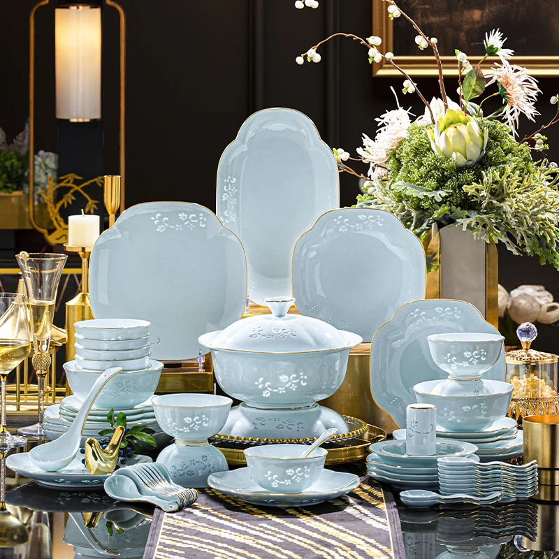 爱佳玲珑景德镇正品玲珑纤羽青瓷釉下彩轻奢高档简约家用套装