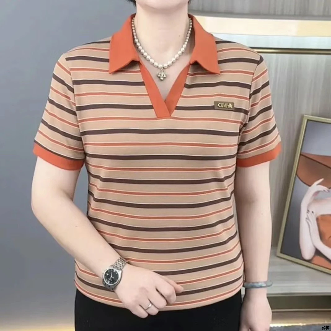 时尚妈妈polo衫翻领条纹小衫2025夏季新款中老年弹力短袖T恤上衣