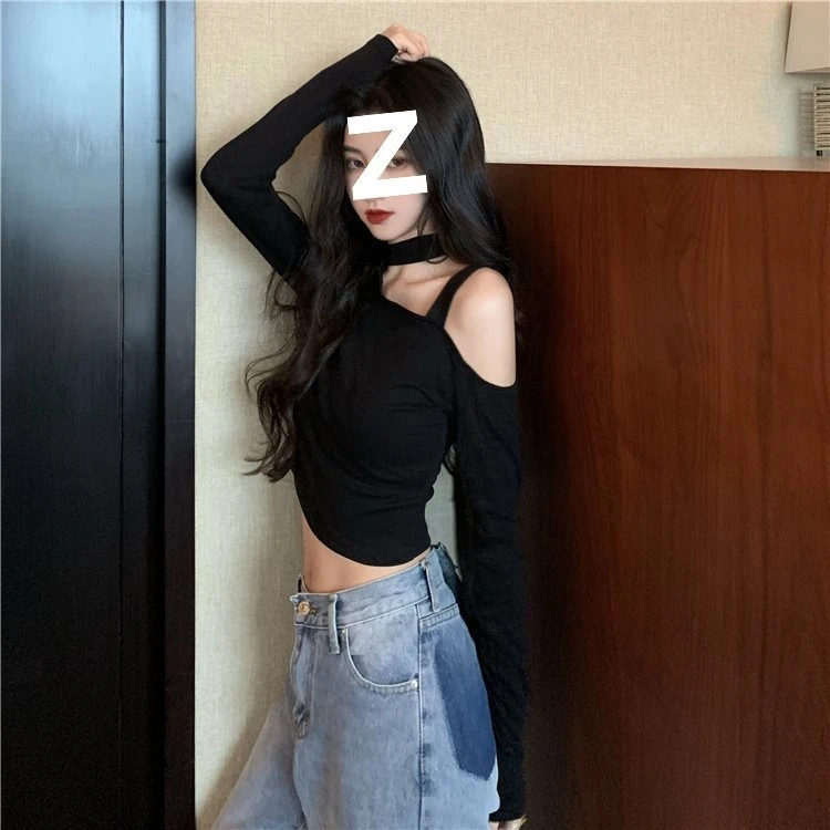 辣妹设计感露肩修身短款露脐长袖t恤女锁骨上衣挂脖打底