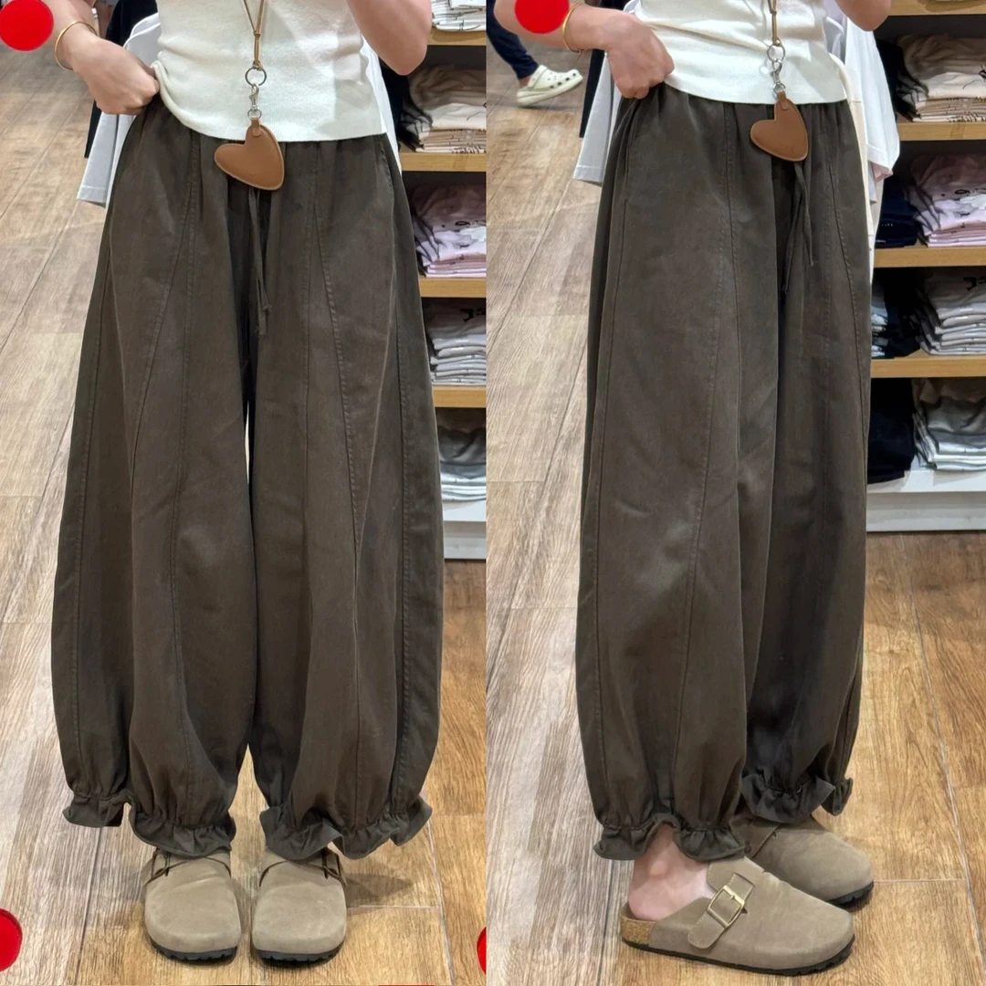 咖啡色木耳边花苞气球裤女春秋夏季小个子休闲高腰显瘦百搭灯笼裤