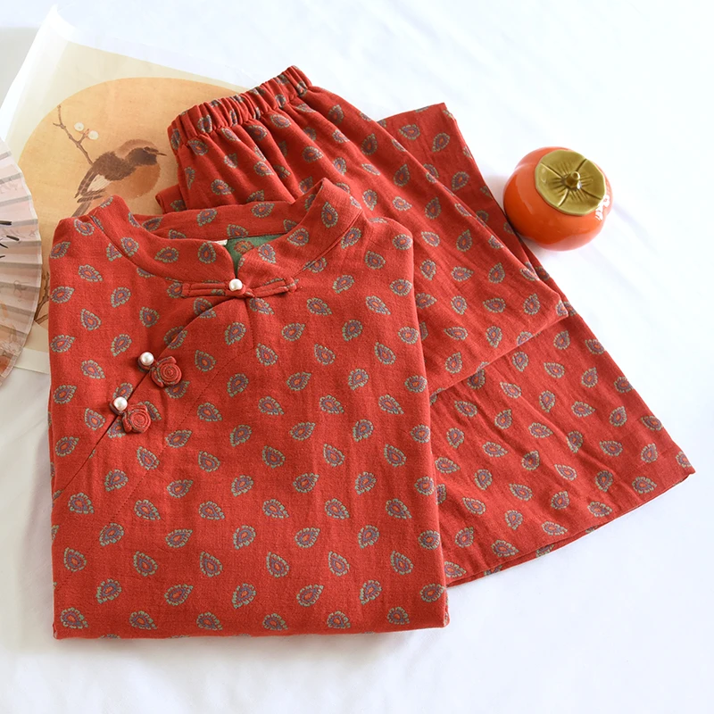 【锦喜】新品上新冬季新中式立领色织提花棉套装长袖长裤睡衣套装