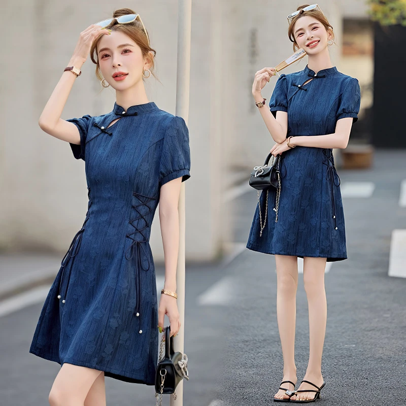 新中式国风提花连衣裙女2025夏季新款设计感个性绑带改良旗袍裙子