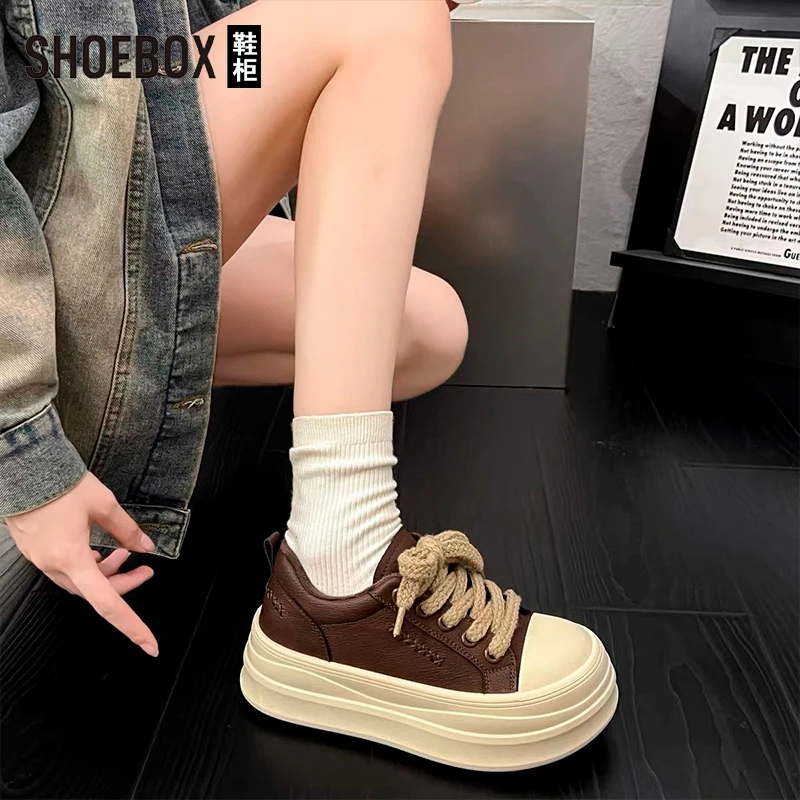 SHOEBOX鞋柜2025秋季新款休闲板鞋厚底松糕鞋轻便增高系带单鞋