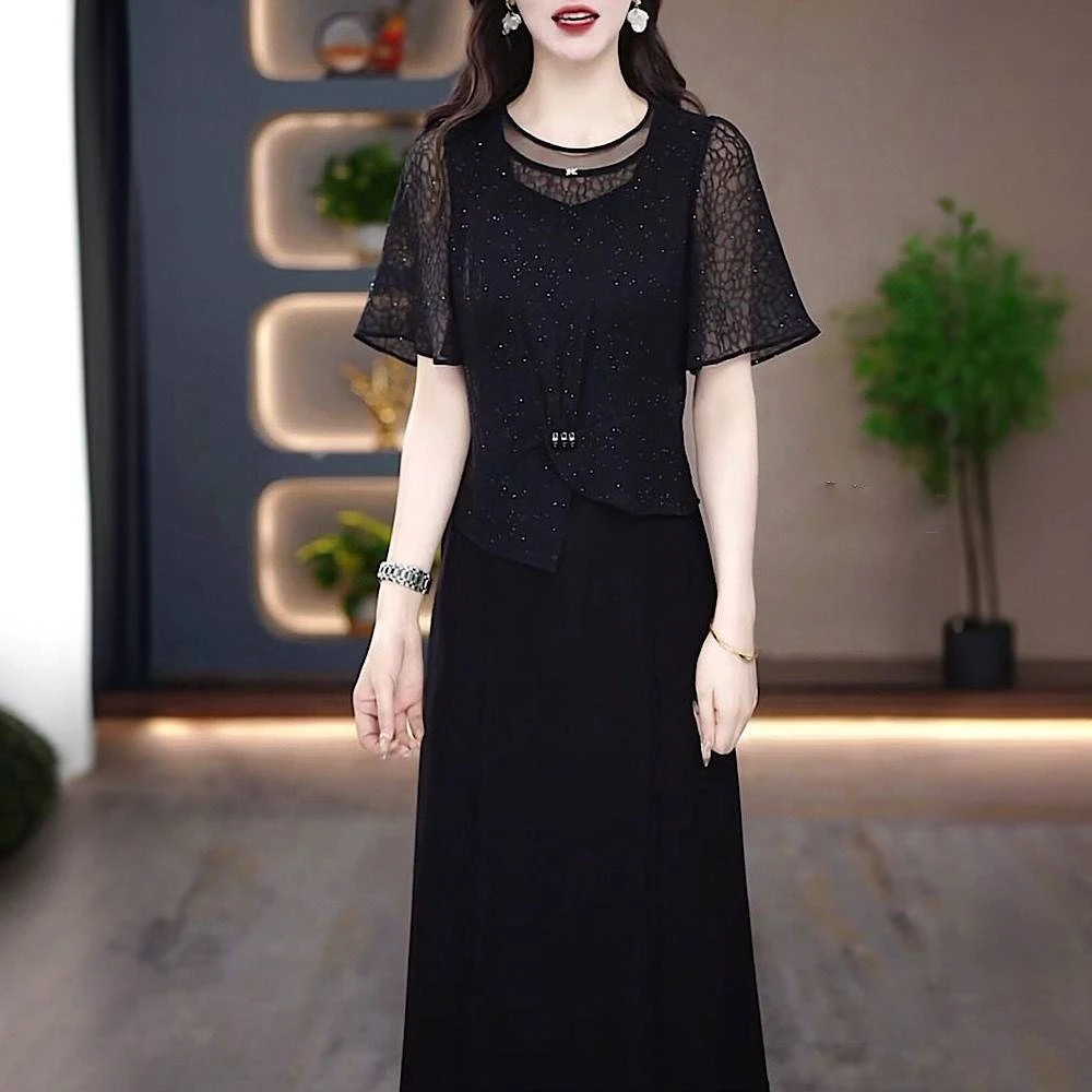 5207#黑色高端气质两件套连衣裙女夏季新款显瘦减龄中长款裙子