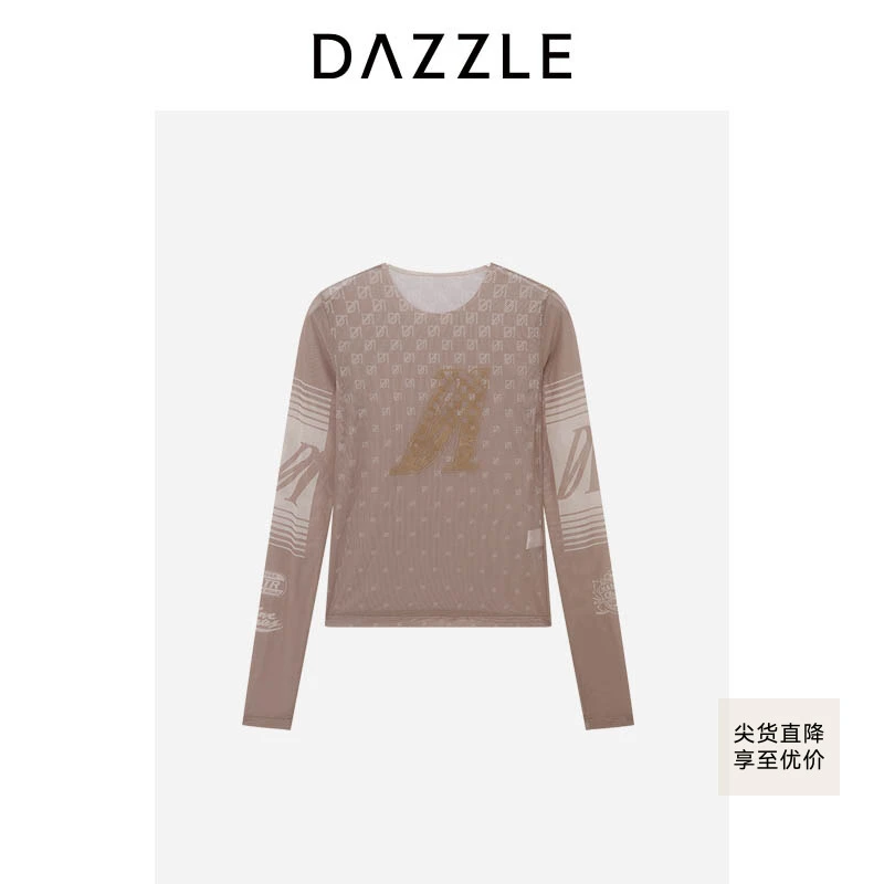 DAZZLE地素小上衣冬季土黄色网纱紧身小上衣2H4D512