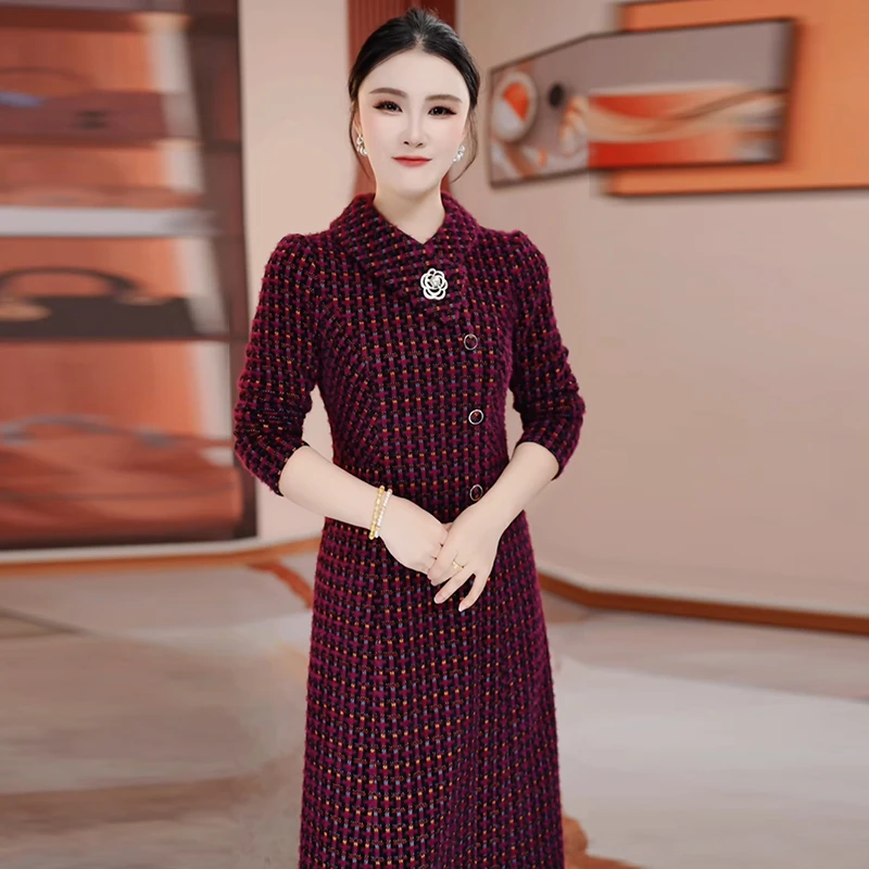 2025秋季新款新中式长袖连衣裙女气质妈妈装时尚显瘦高档中长裙