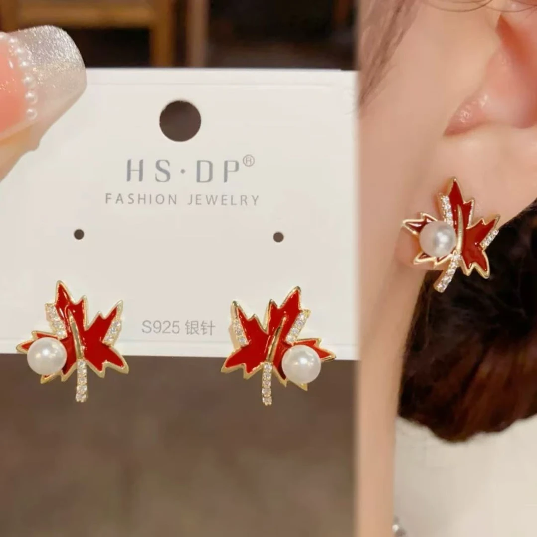 铜合金耳饰 珠珠红枫~安可拉红色枫叶耳钉气质  A112