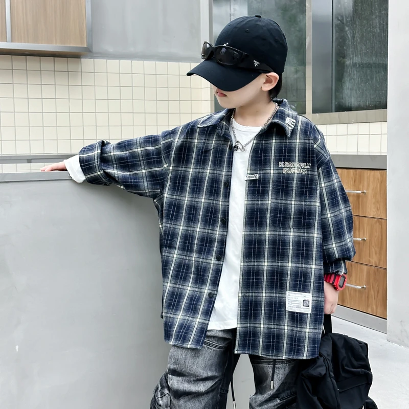 男童春秋款洋气格子衬衫中大童秋装洋气衬衣2025新款韩版上衣潮酷