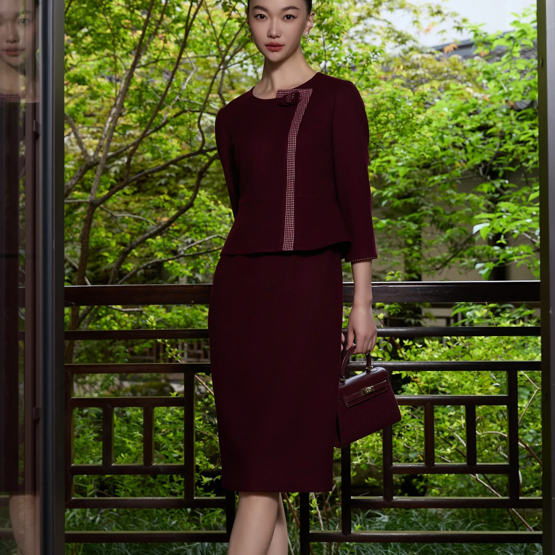 朱紫褕170371枣红色紫红色假两件套绵羊毛连衣裙婚礼妈妈装礼服