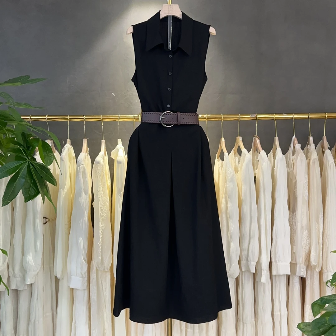A557 气质高级感无袖翻领工装连衣裙女夏季新款时尚修身显瘦长裙