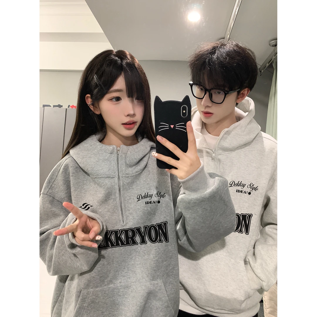 美式潮流街头风字母印花休闲秋冬半拉链卫衣情侣潮流连帽百搭上衣